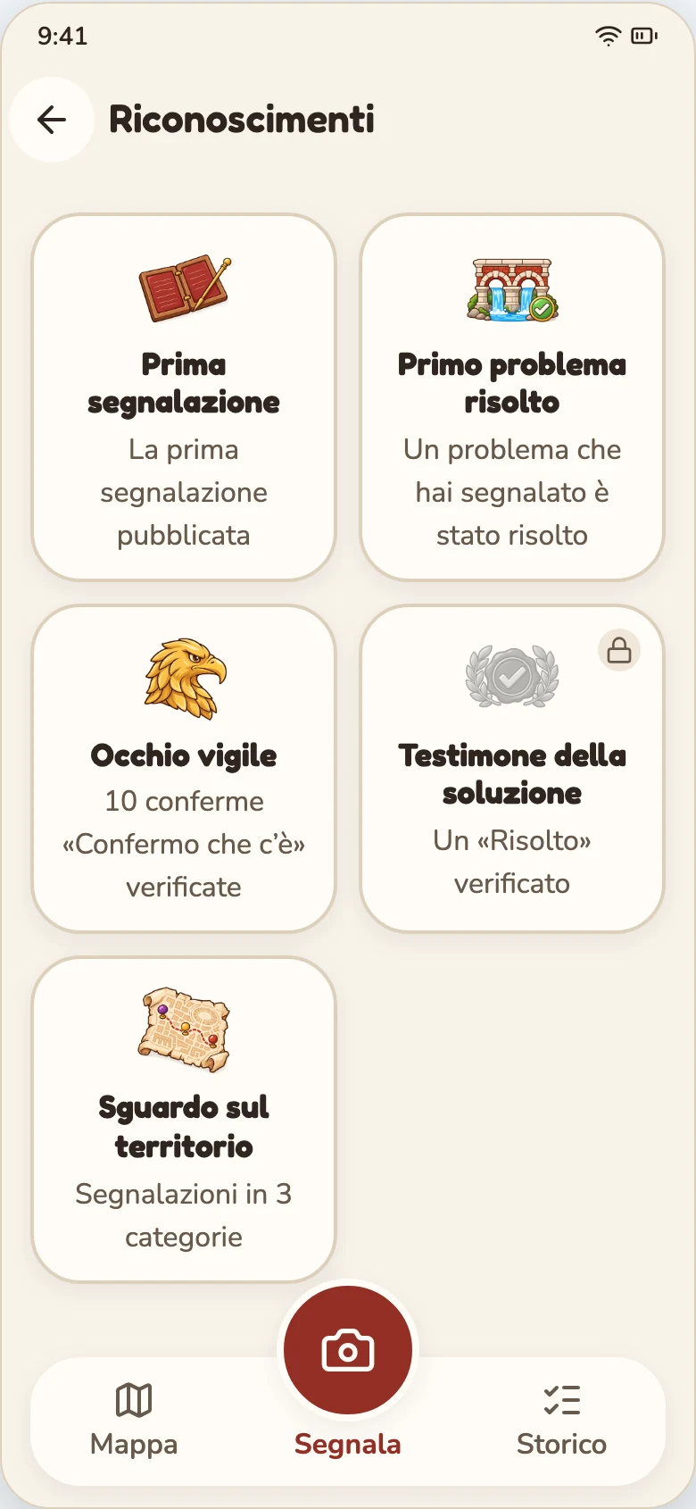 Catalogo dei cinque badge e requisiti per ottenerli