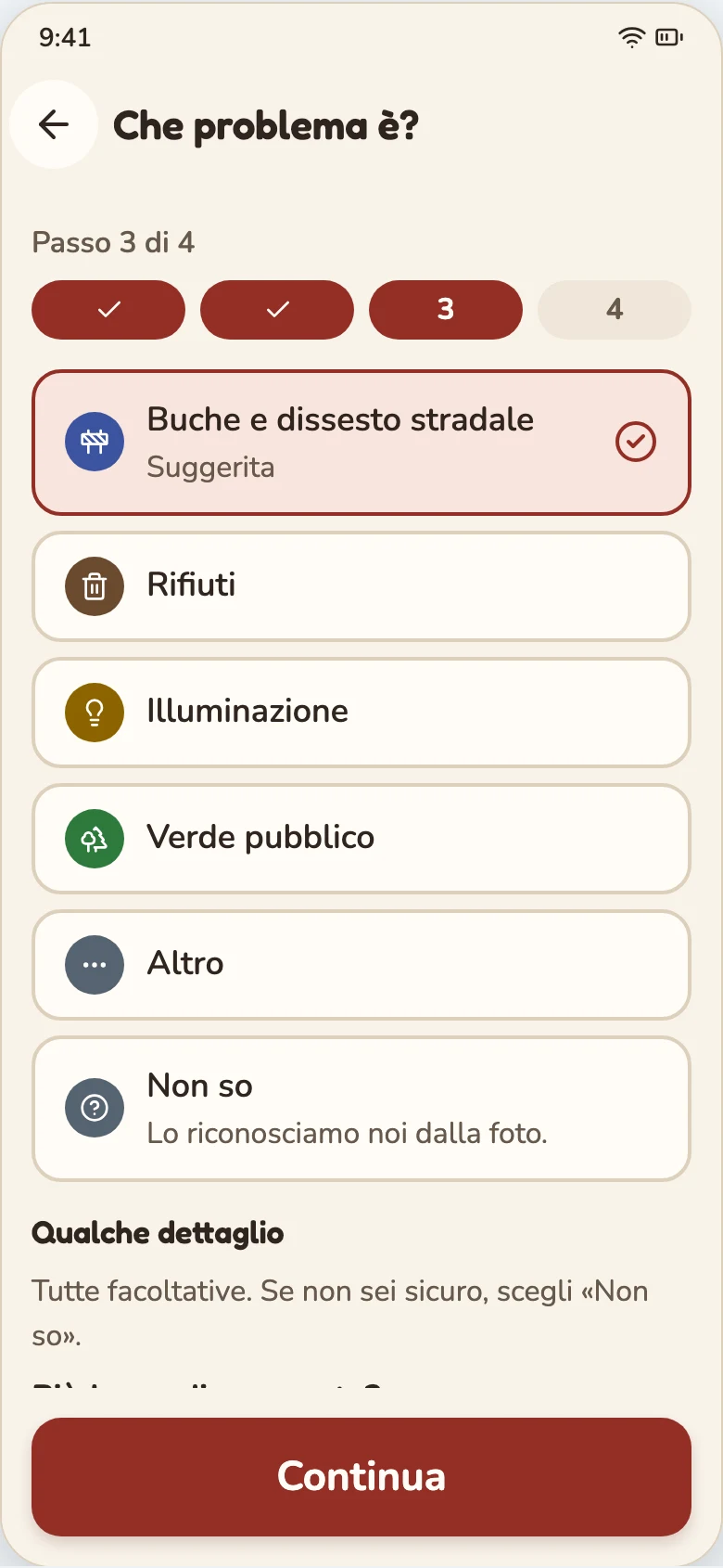 Scegli la categoria e descrivi il problema