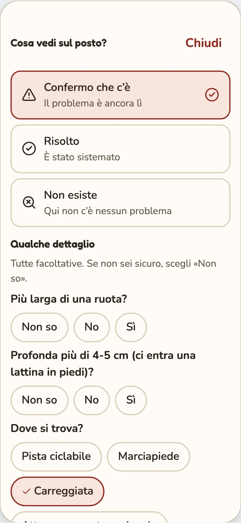 Azioni della comunità: confermare un problema, indicarlo risolto o inesistente