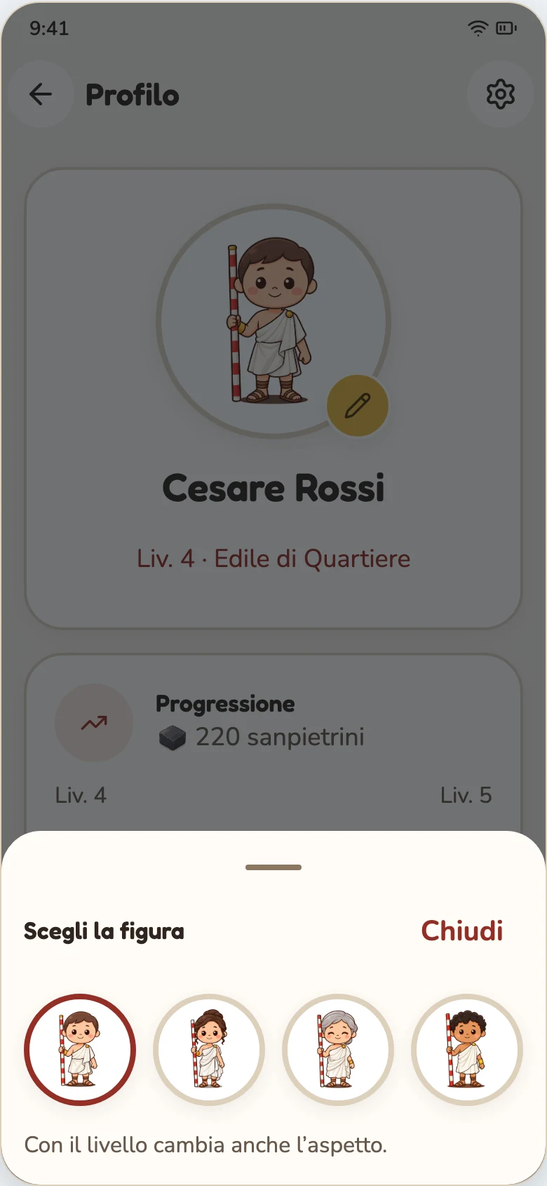 Scelta fra quattro personaggi, con abiti del livello raggiunto