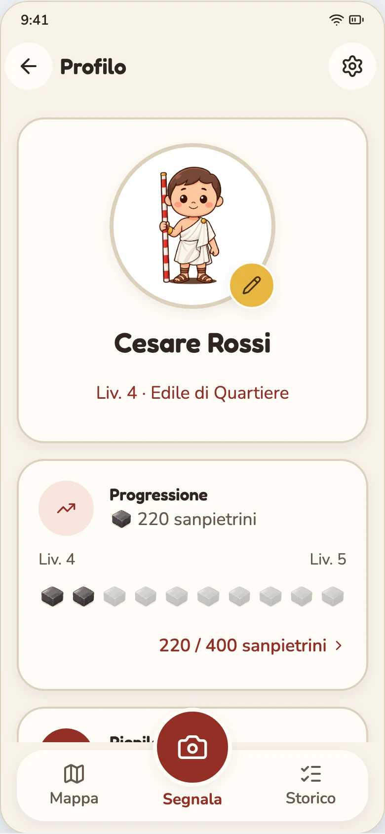Profilo romano: Edile di Quartiere, livello 4, progressione in sanpietrini