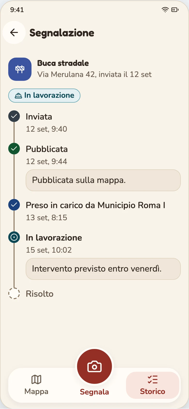 Storico di esempio: segnalazione pubblicata, presa in carico e in lavorazione